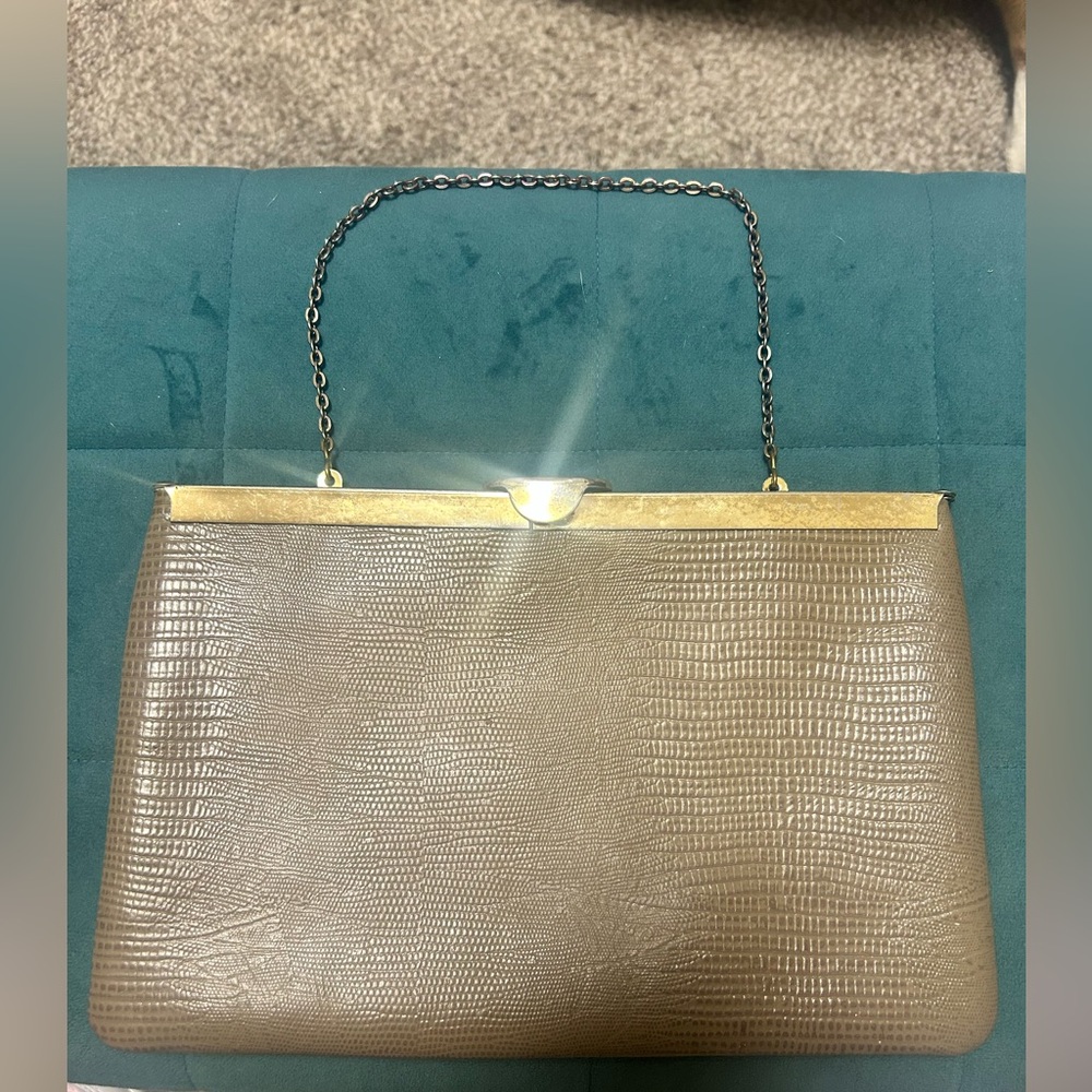 Elegant, Etra, Vintage, 60’s, cream, faux,Reptile skin, Clutch with Chain
